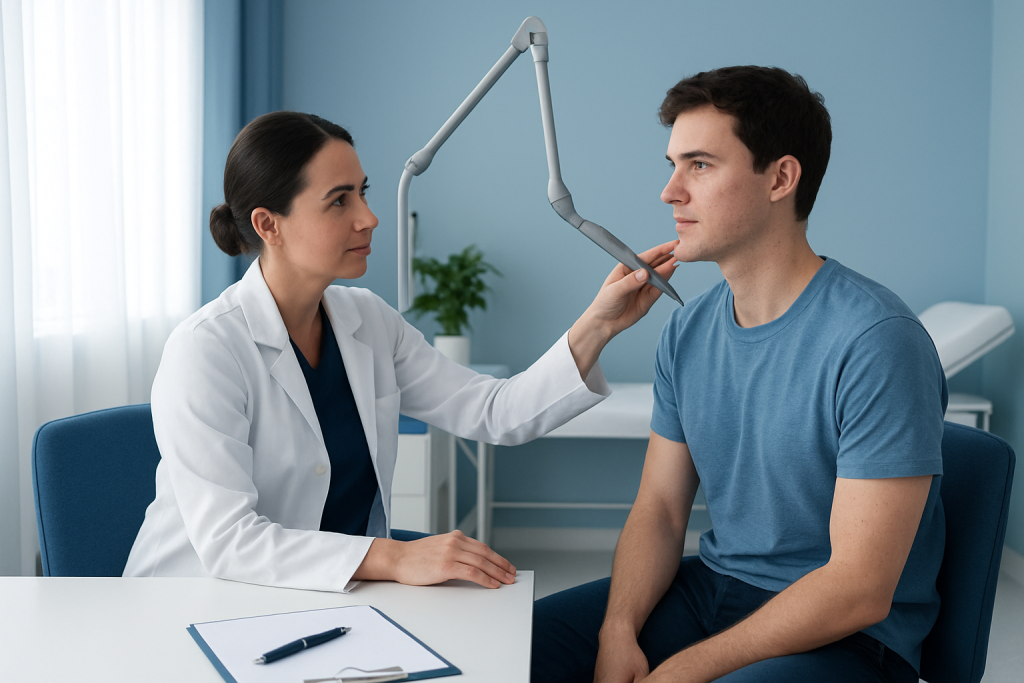 Dermatologist examines patient's face for acne scars or skin issues.