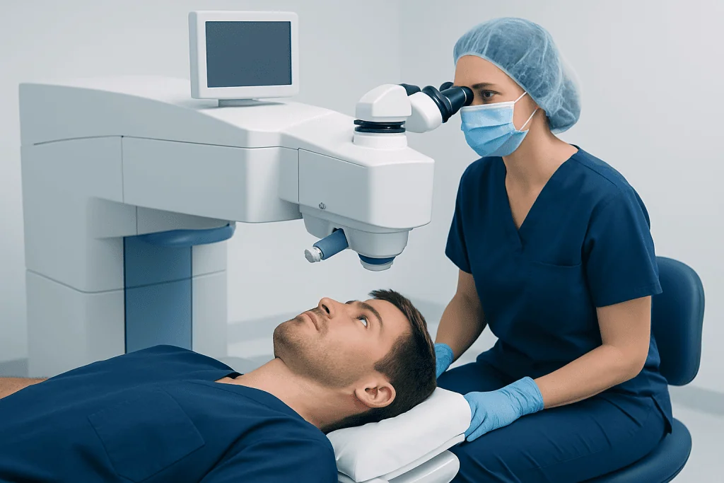Ophthalmologist performing LASIK eye surgery in a modern clinic.