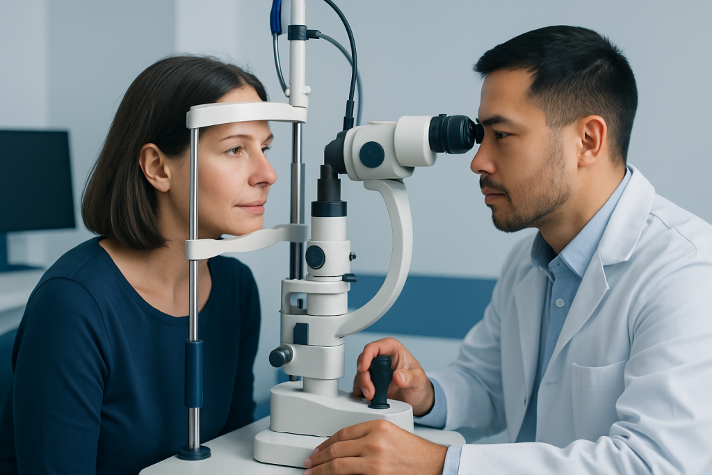 Ophthalmologist examining a patient's eye with a slit lamp.