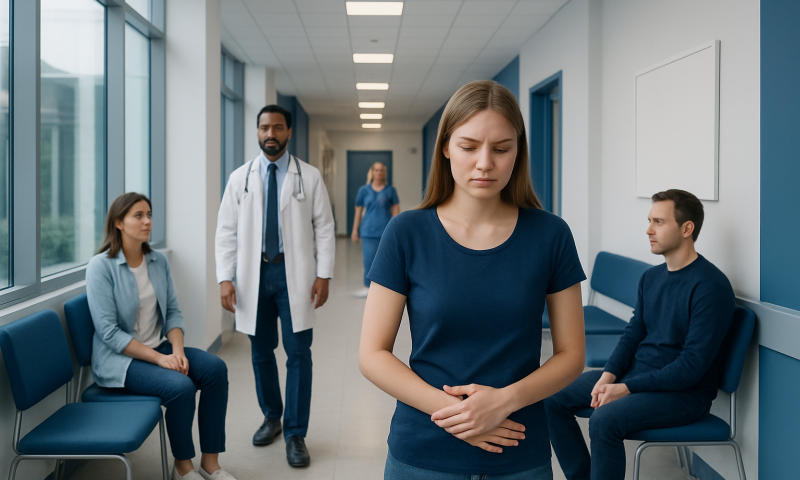 Young woman experiencing menstrual discomfort in hospital corridor.