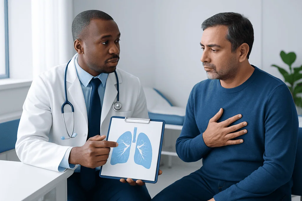 Doctor explaining lung health to patient with lung diagram.