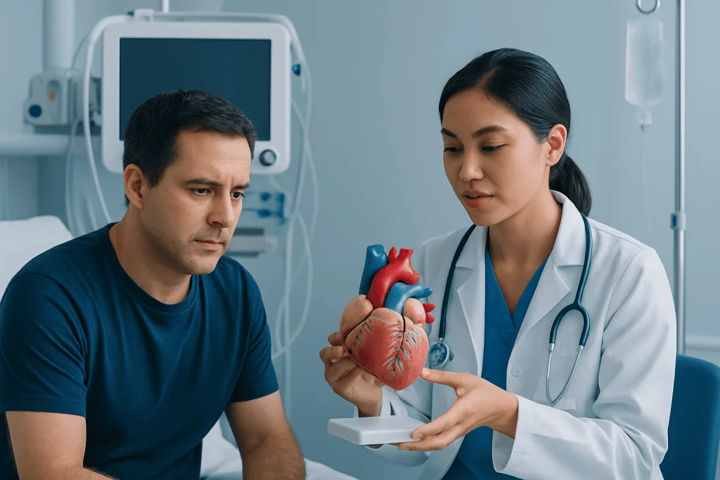 Doctor explains heart model to patient in hospital setting.
