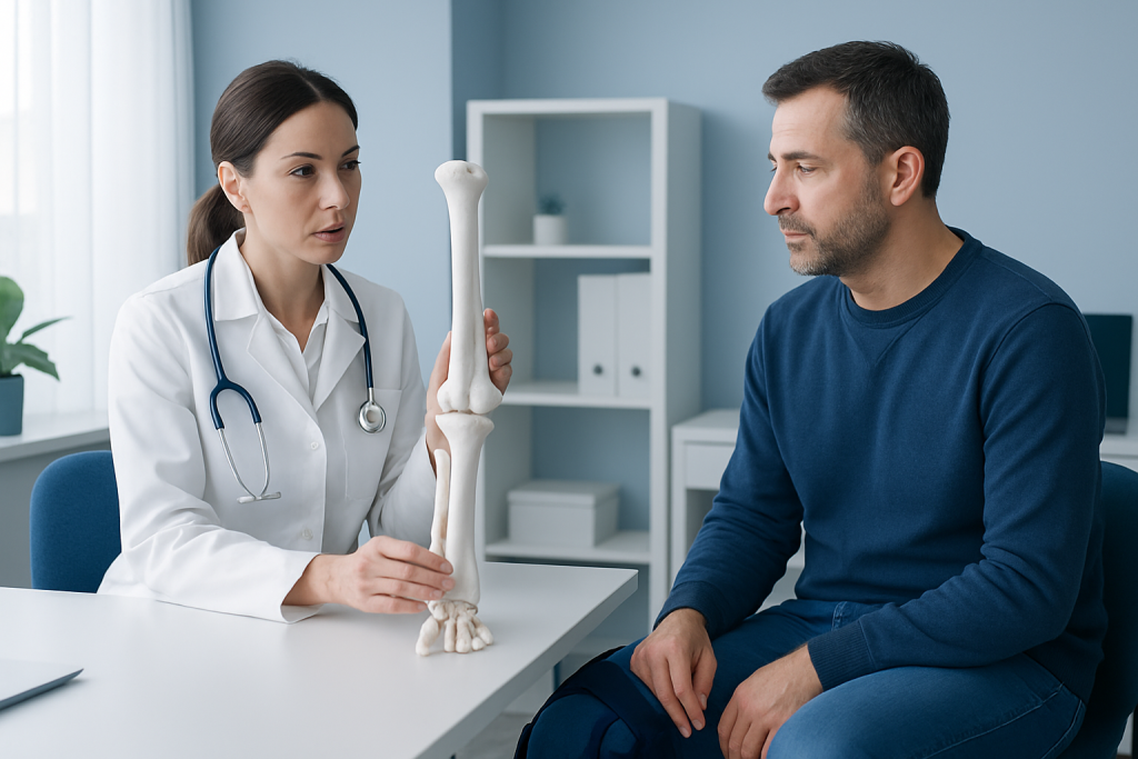 Doctor explaining broken leg bones to patient in consultation room.