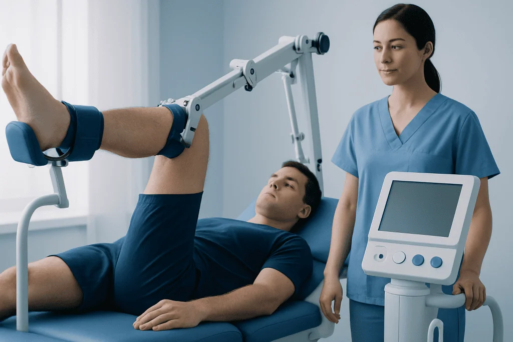 Physical therapy session with leg exercise at Acibadem Hospital.