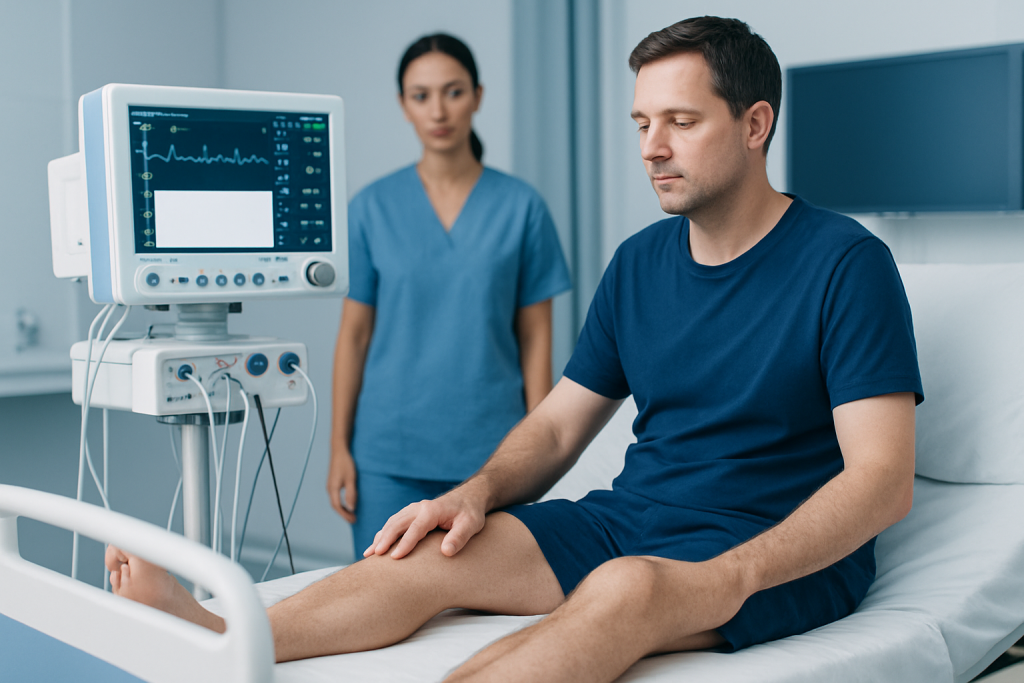 Patient undergoing neurological examination for leg weakness at Acibadem Hospital.