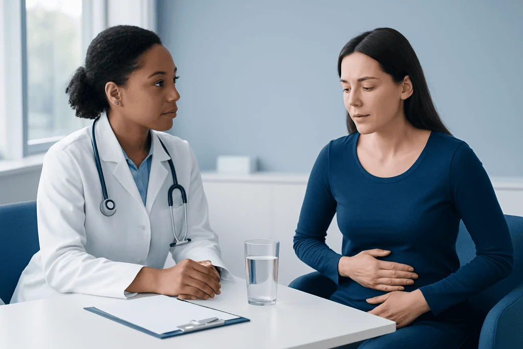 Doctor consulting with a patient about digestive health in a medical office.