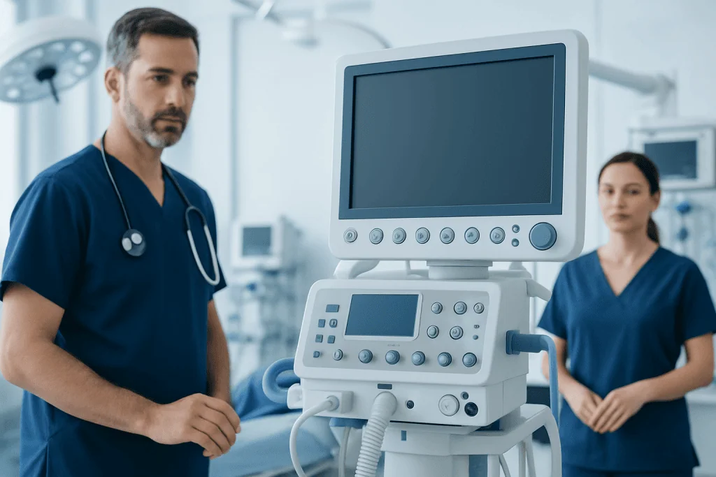Medical professionals in a hospital operating room with advanced monitoring equipment.