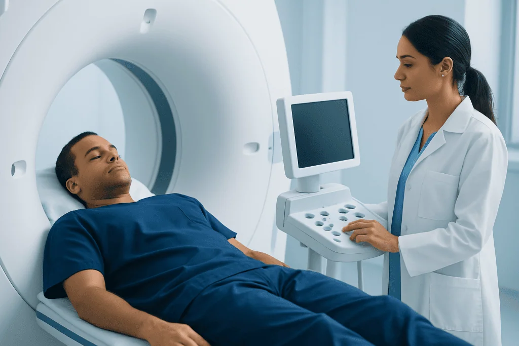 Patient undergoing MRI scan at Acibadem Hospital for medical diagnosis.