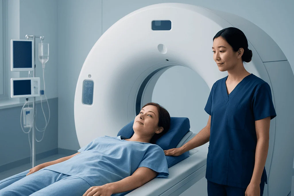 Patient undergoing MRI scan at Acibadem Hospital with nurse nearby.