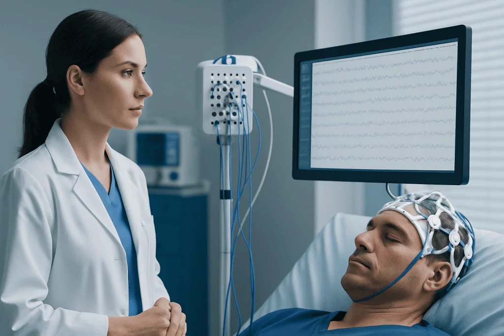 Medical professional monitoring EEG of a patient in a hospital setting.