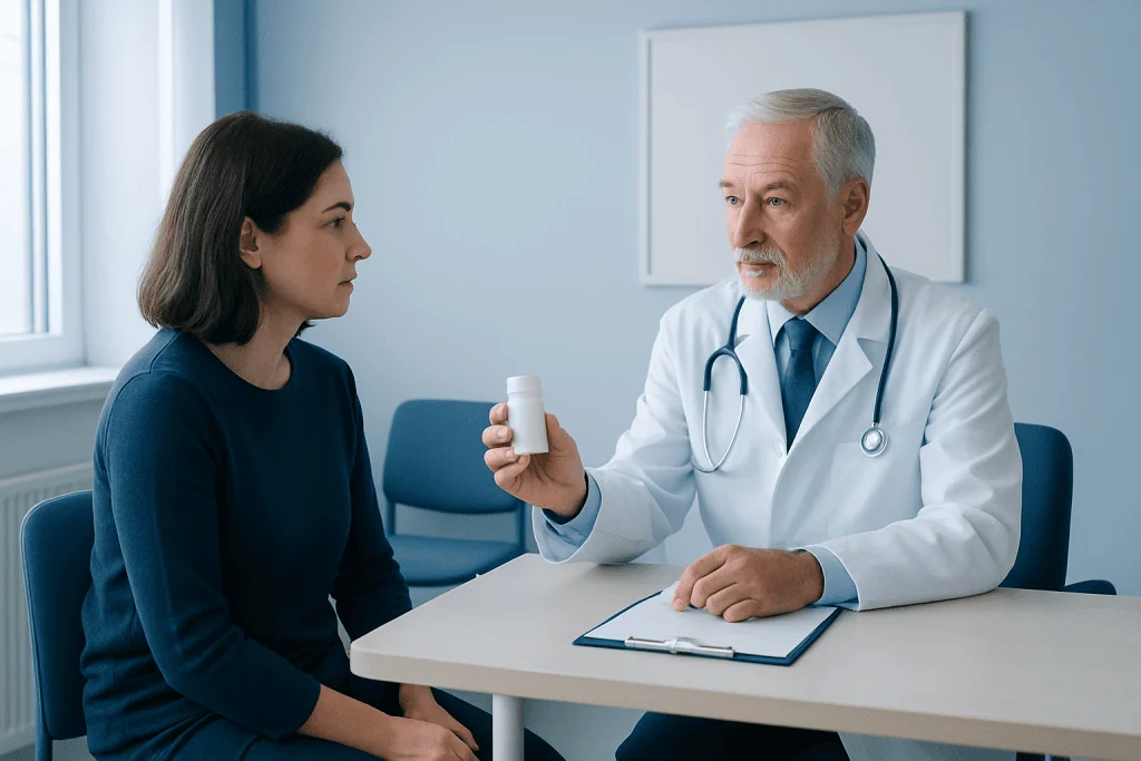 Doctor explaining medication to female patient in consultation room.