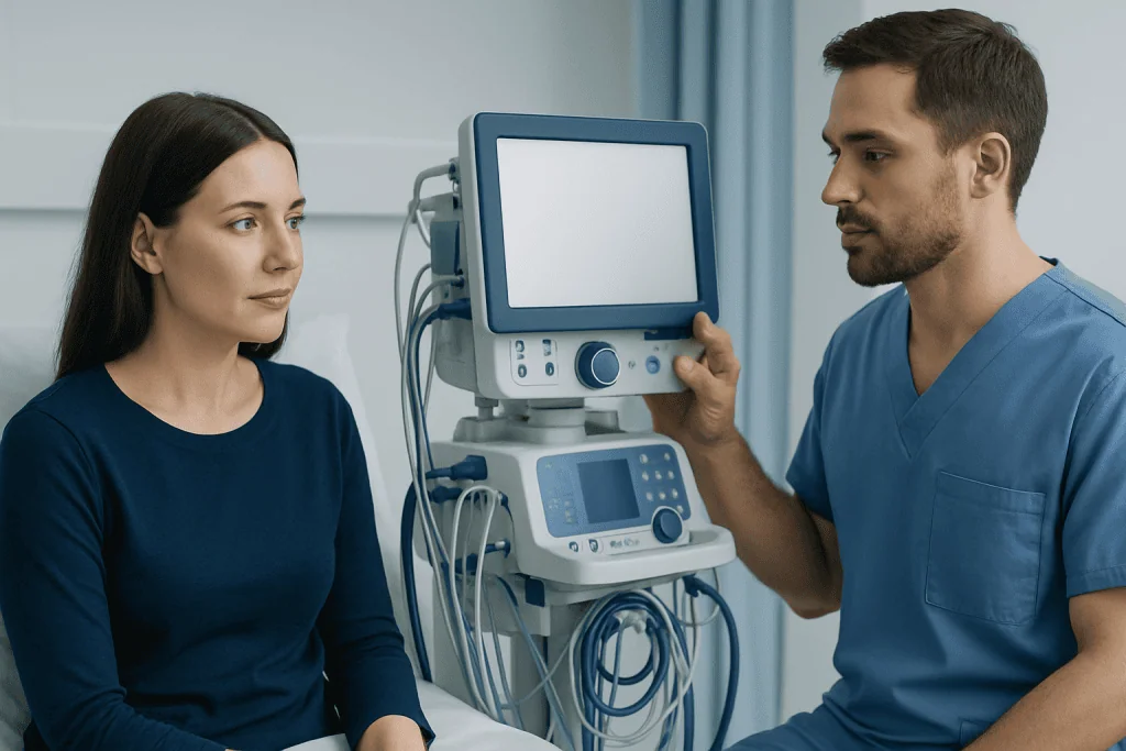 Medical consultation with ultrasound device at Acibadem Hospital.