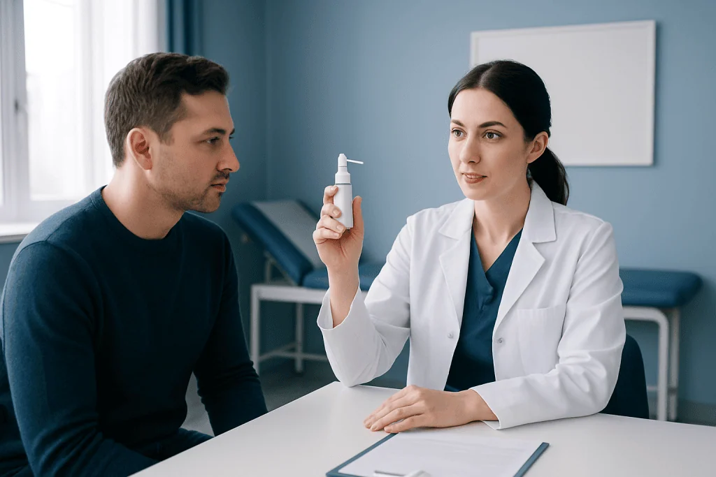 Doctor explains how to use lidocaine spray to a patient in a clinical setting.