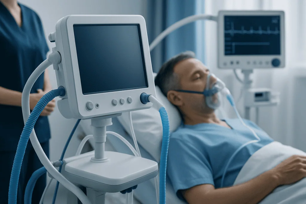 Patient in ICU connected to medical ventilator and monitoring equipment.