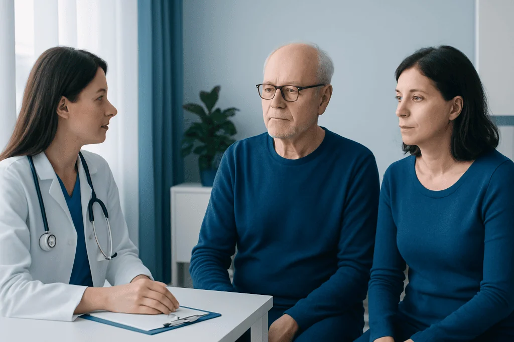 Doctor consulting with elderly couple in a medical office.