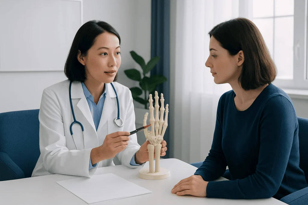 Doctor explaining wrist joint anatomy to patient with model.
