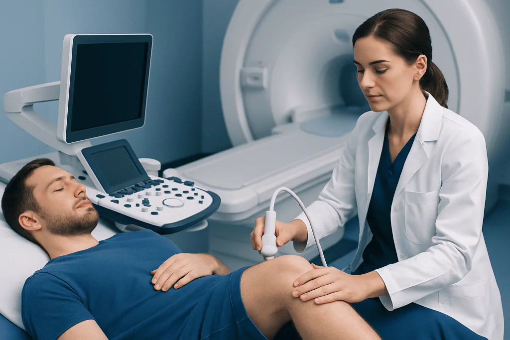 Medical professional performing an ultrasound on a patient's knee in a hospital setting.