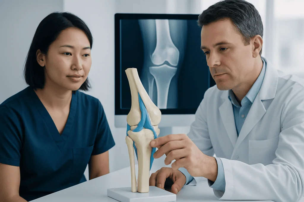 Doctor explaining knee ligament anatomy with model to patient in clinic.