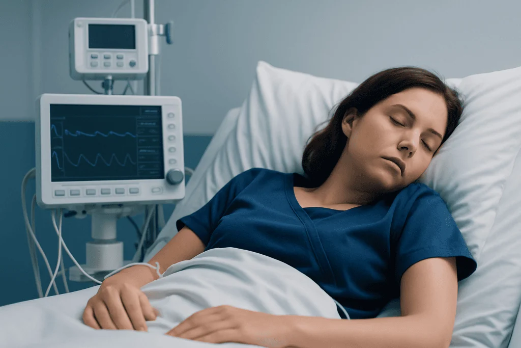 Young woman sleeping in hospital bed with medical monitoring equipment nearby.