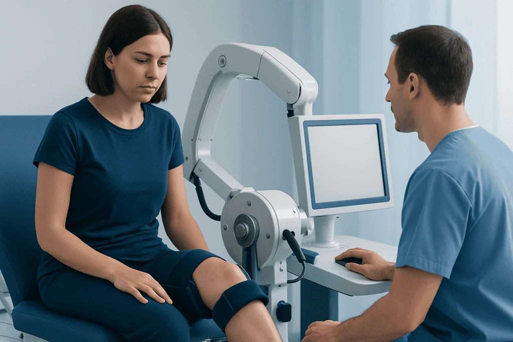 Medical professional uses advanced equipment for knee examination at Acibadem Hospital.
