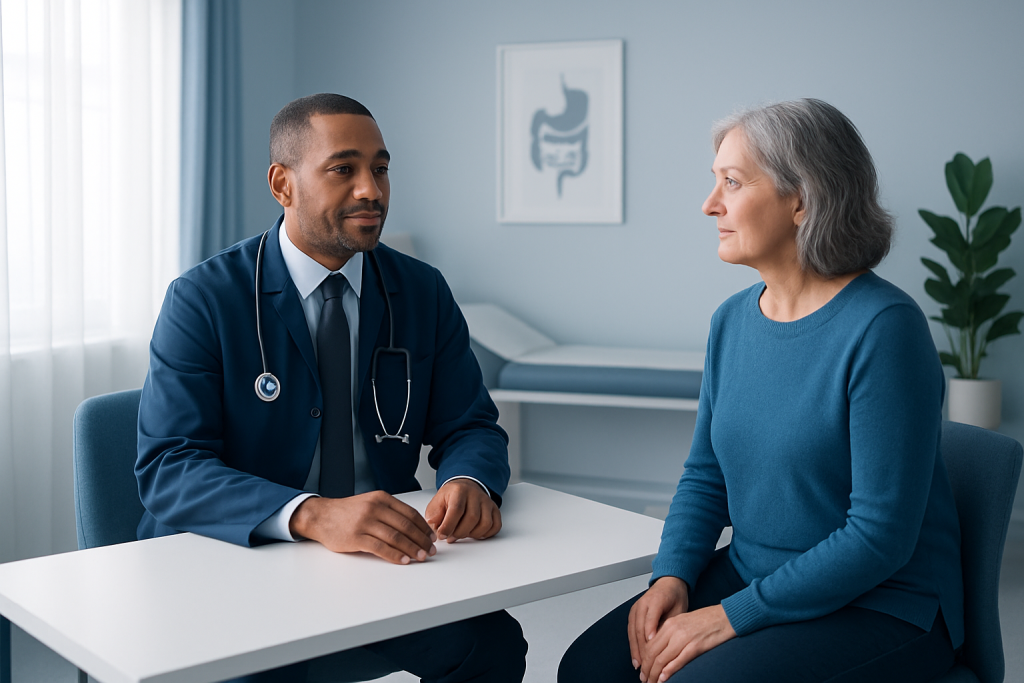 Doctor consulting with an elderly female patient in a medical office.