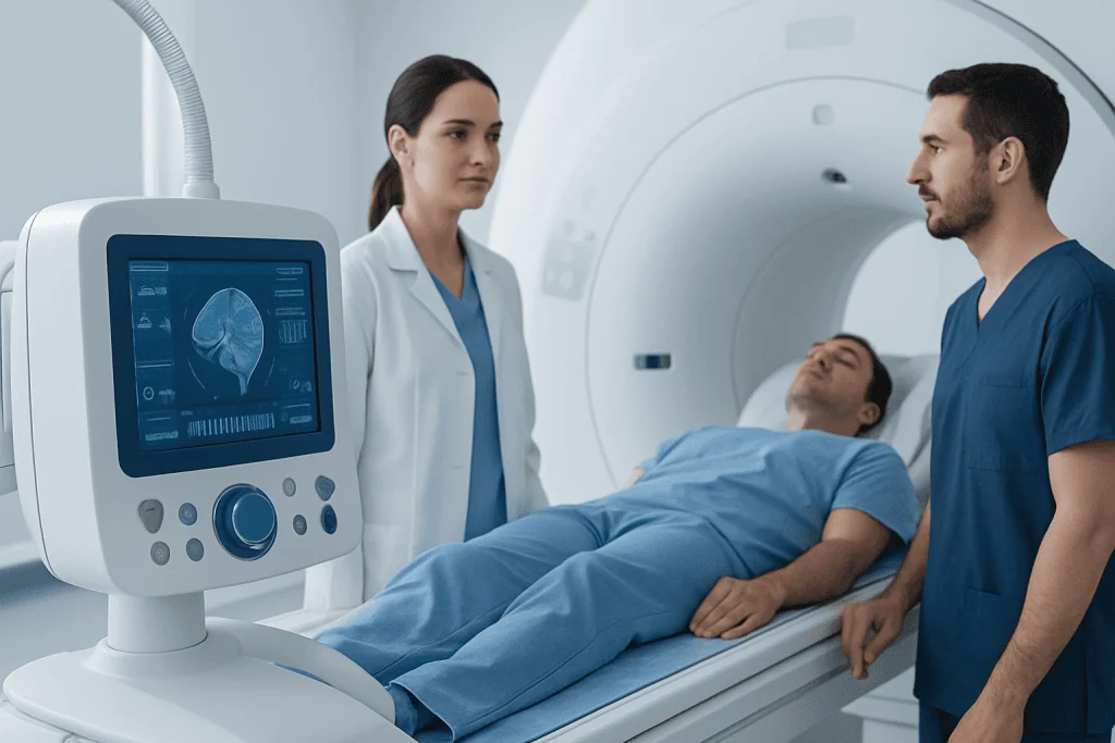 Medical professionals preparing a patient for an MRI scan at Acibadem Hospital.