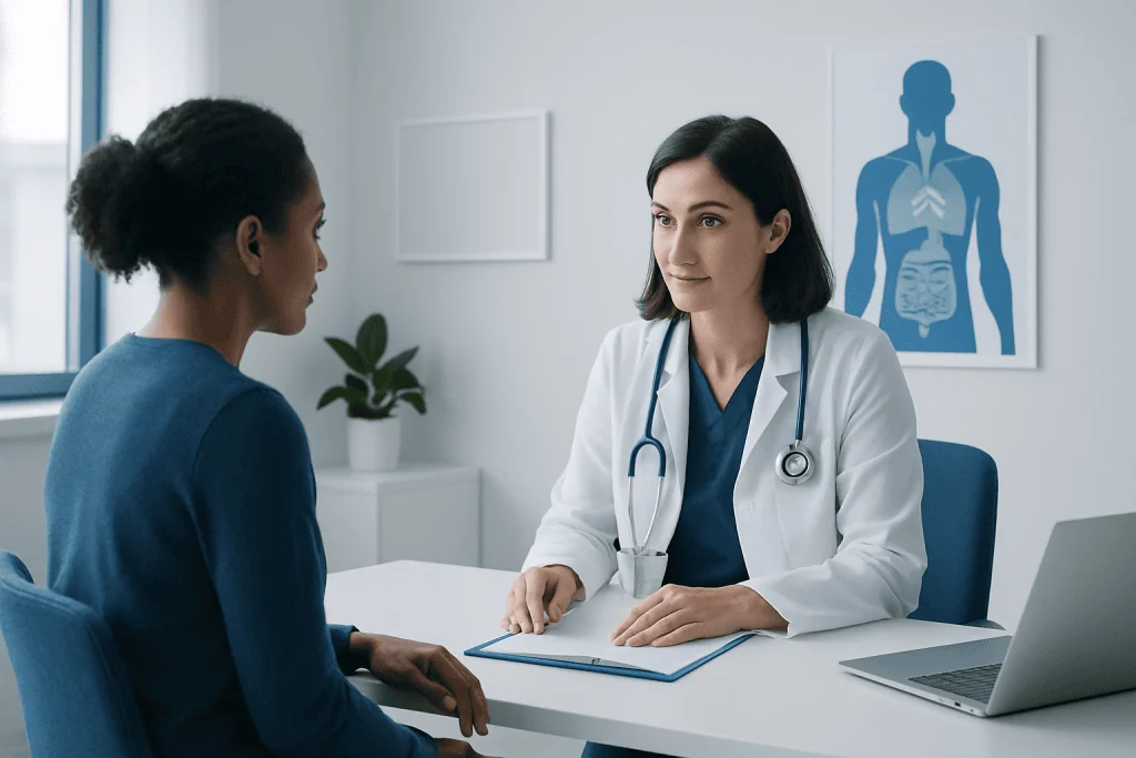 Doctor consulting with a patient in a medical office at Acibadem Hospitals Group.