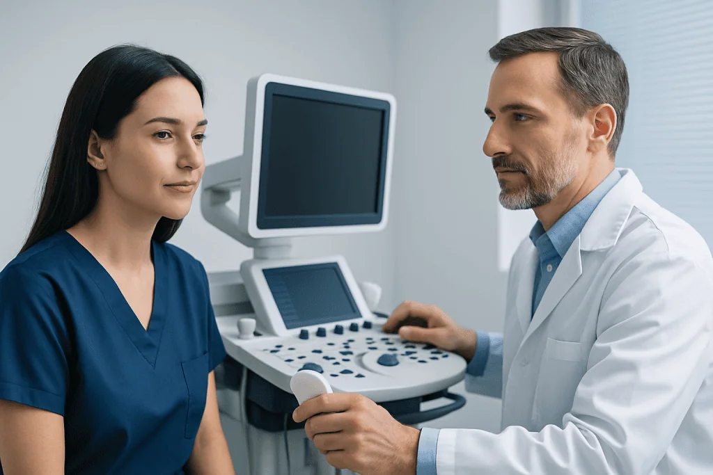 Doctor performing an ultrasound examination on a female patient in a medical clinic.