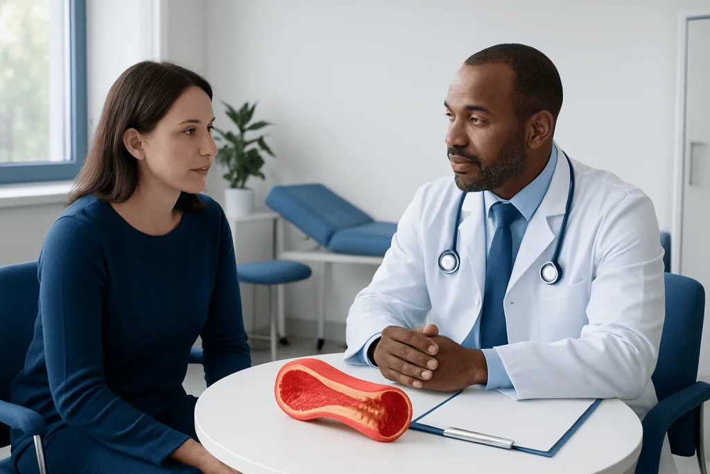 Doctor explaining lipid health to a patient in a medical consultation.