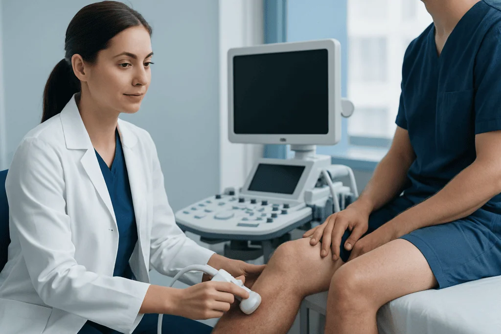 Medical professional performing an ultrasound on a patient's leg in a clinical setting.
