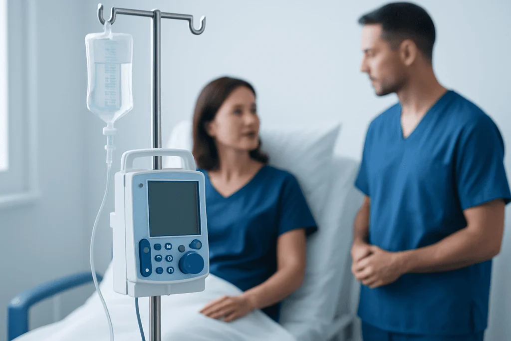 Hospital patient with IV drip and medical staff in a clinical setting.