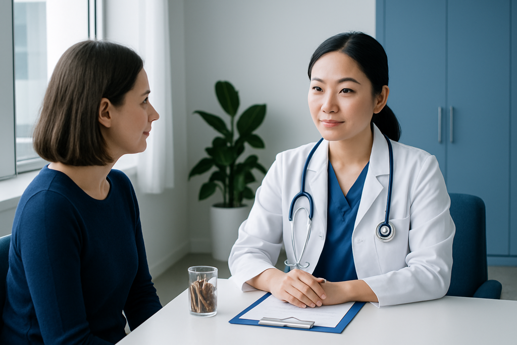 Doctor consulting with patient in a medical office setting.