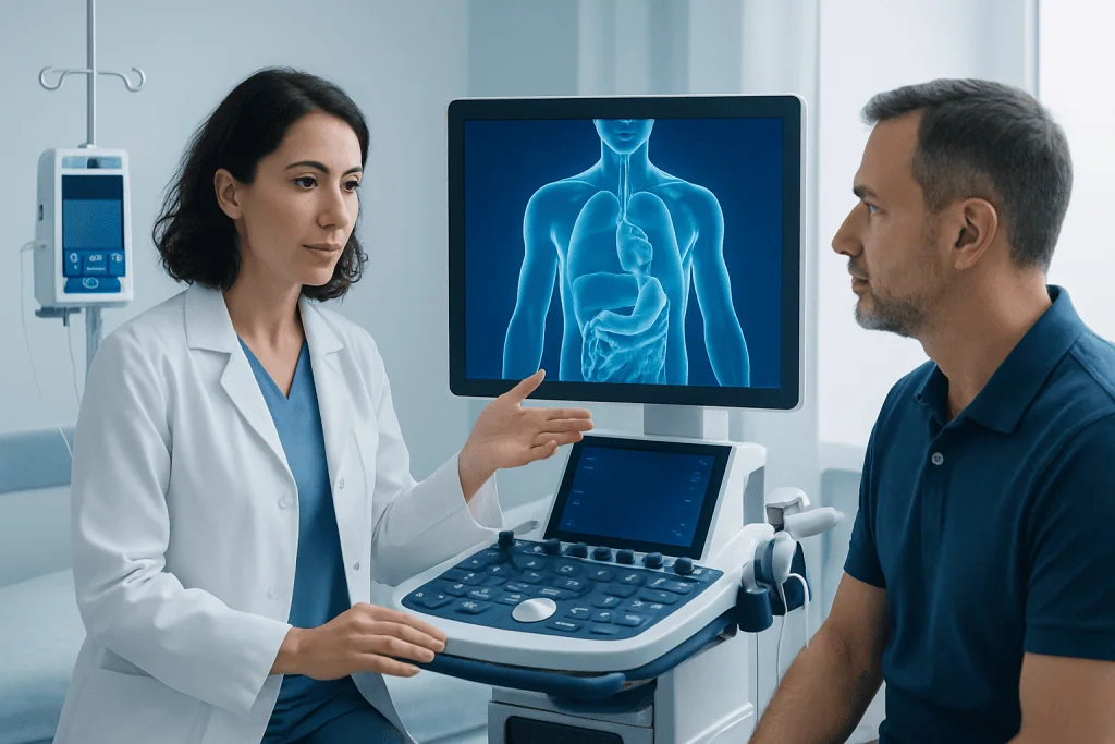 Doctor explaining stomach scan to patient in medical consultation room.