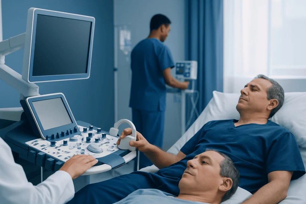 Patient undergoing ultrasound examination in hospital room.