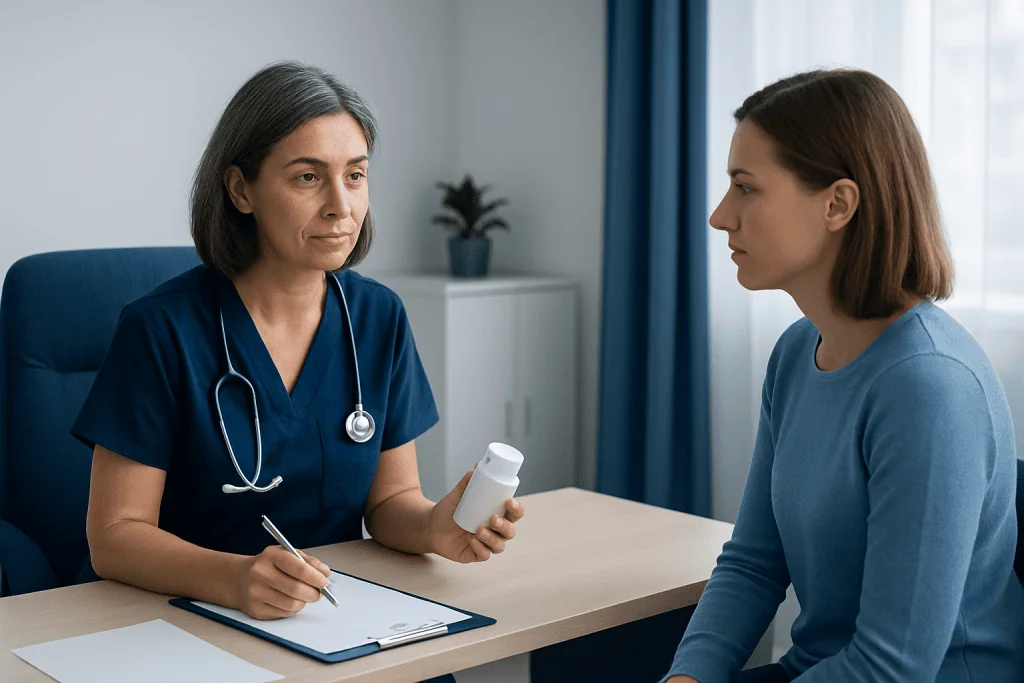Doctor consulting with patient in a medical office setting.