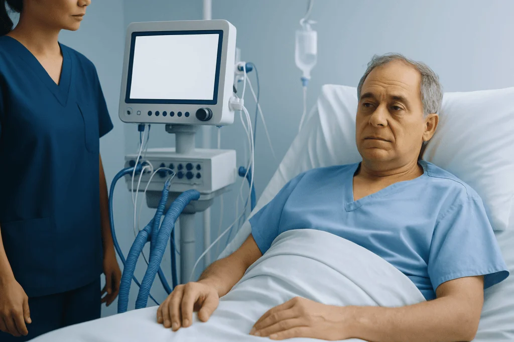 Hospital patient with liver failure receiving medical care in a hospital room.