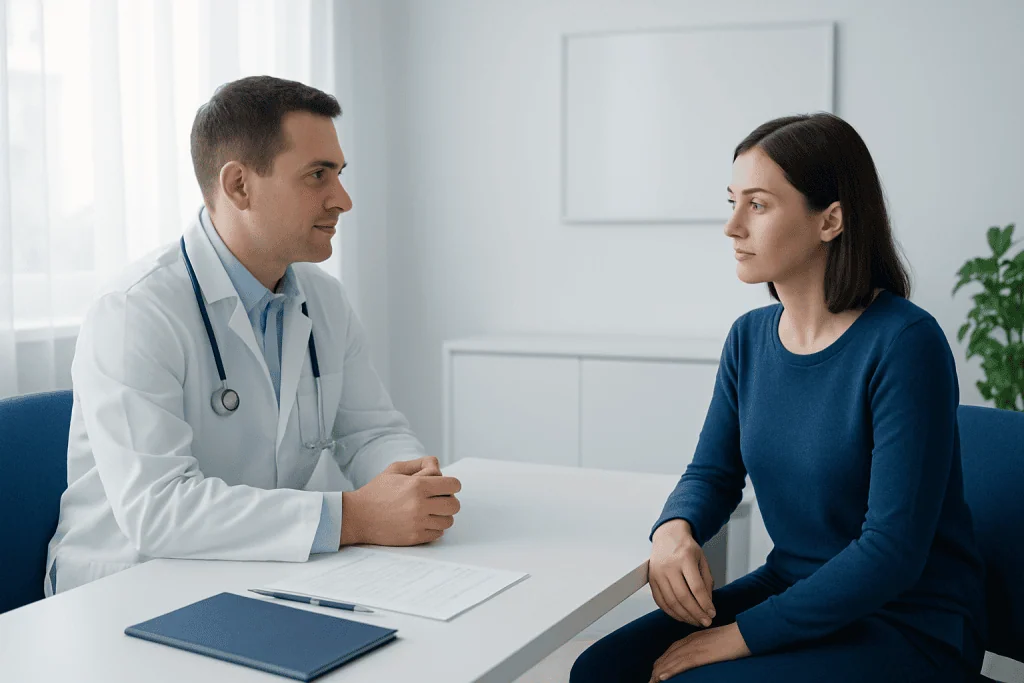 Doctor consulting with a patient in a modern medical office.