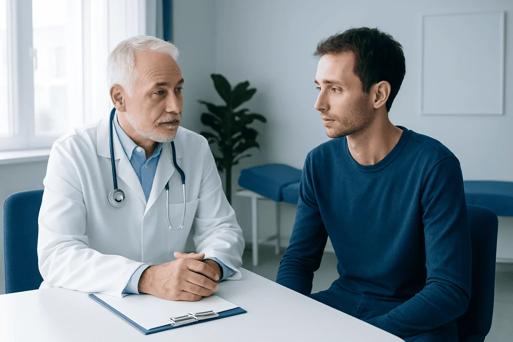 Doctor consulting with a young male patient in a medical office.