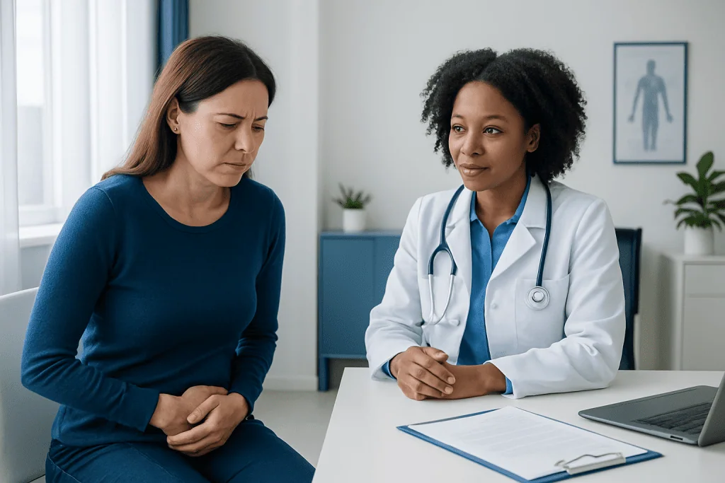Doctor consulting with a patient about health concerns in a medical office.