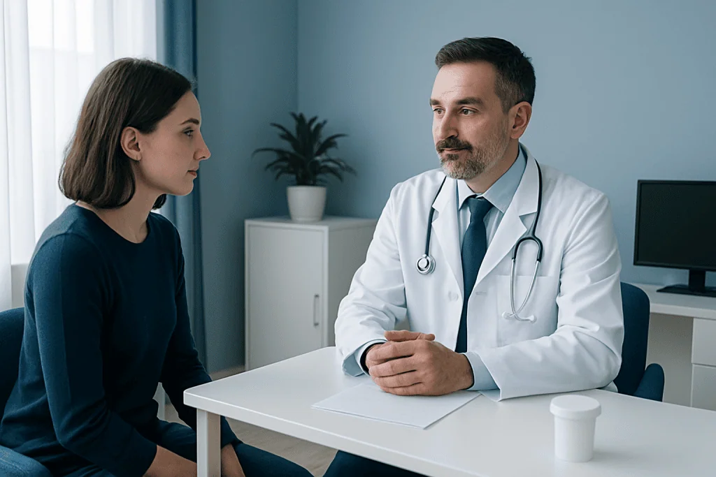 Doctor consulting with a female patient in a medical office setting.