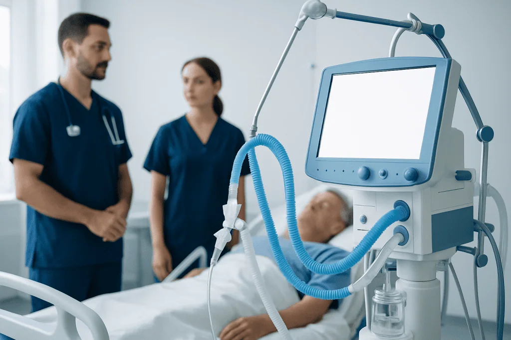Medical team monitoring patient on ventilator in hospital room.