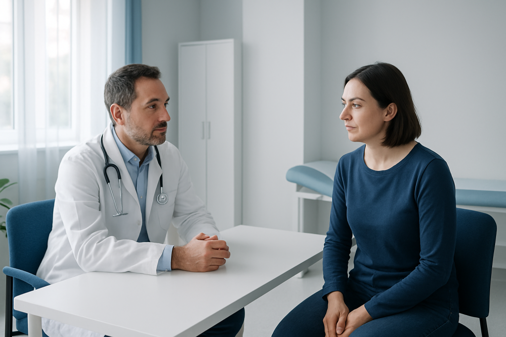 Doctor consulting with a female patient in a medical office.