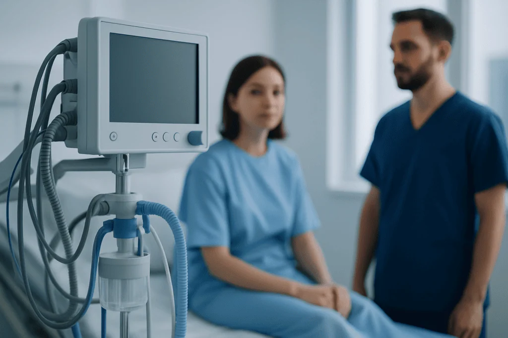 Hospital room with patient and healthcare professional near medical monitor.