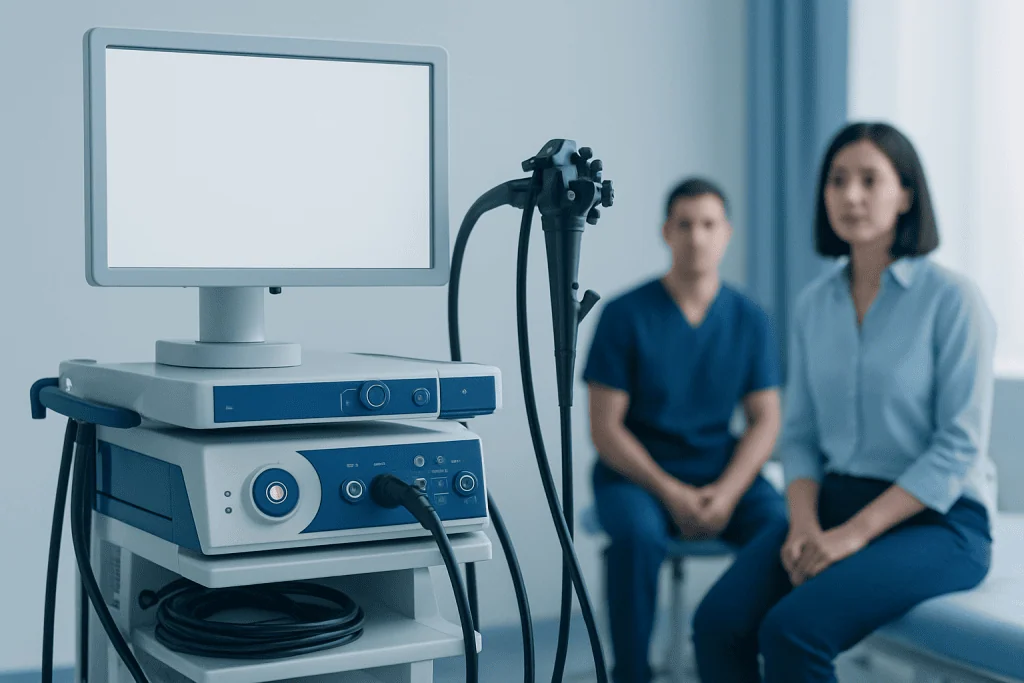 Medical ultrasound machine in a hospital setting with two healthcare professionals.