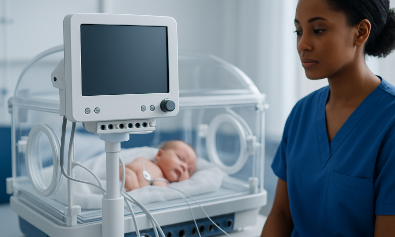 Nurse monitoring a newborn in incubator at Acibadem Hospital.