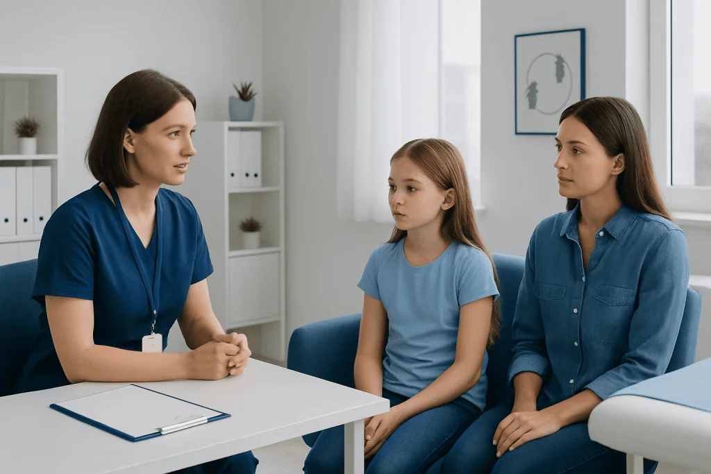 Doctor consulting with young girl and mother about lice treatment options.