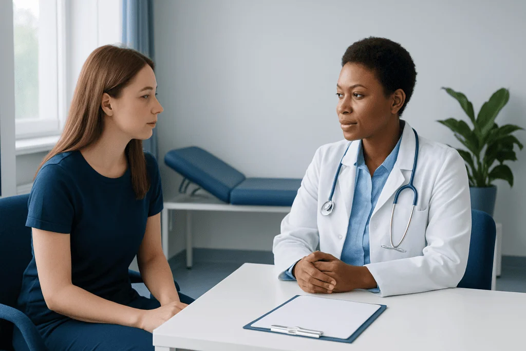Doctor consulting with a young woman in a medical office.