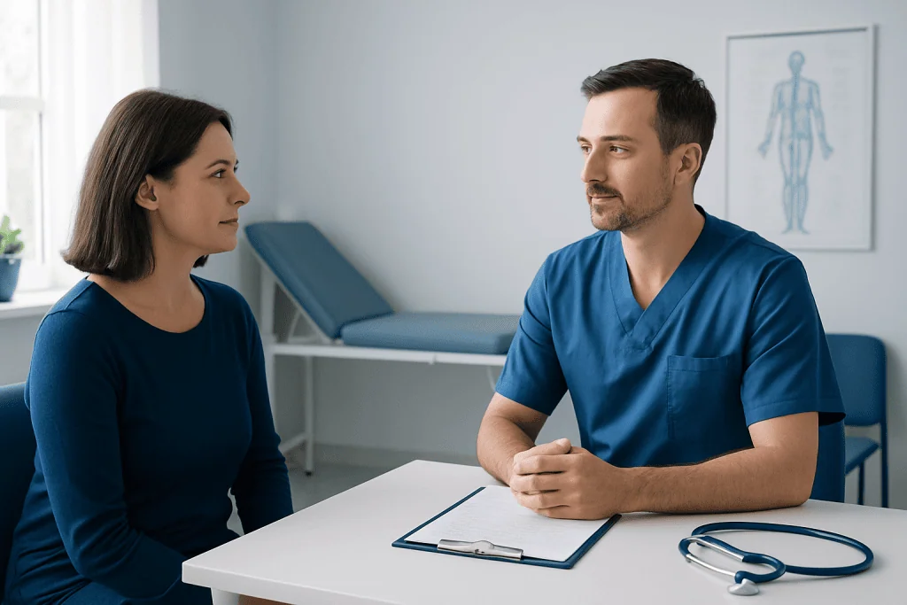 Doctor consulting patient in a medical office with anatomy chart in background.