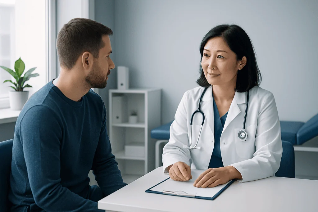 Doctor consulting with a patient in a modern medical office.