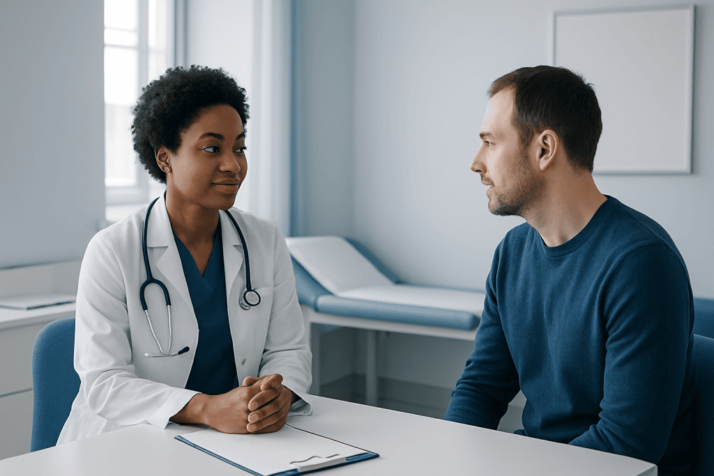 Doctor consulting with a patient in a modern hospital room.